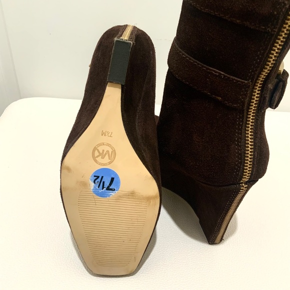 Michael Kors Parker Brown Suede Leather Wedge Bootie Exposed Zip Ankle Boots 7.5 - Picture 11 of 16